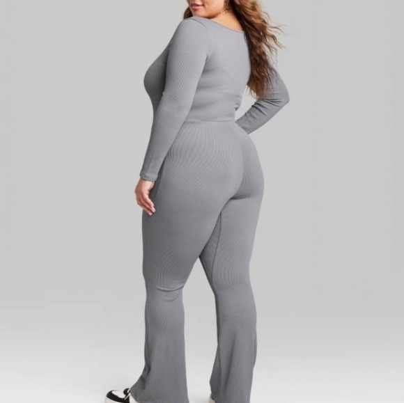 Wild Fable Womens Long Sleeve GRAY Ribbed Jumpsuit Flared Leg - Picture 4 of 10